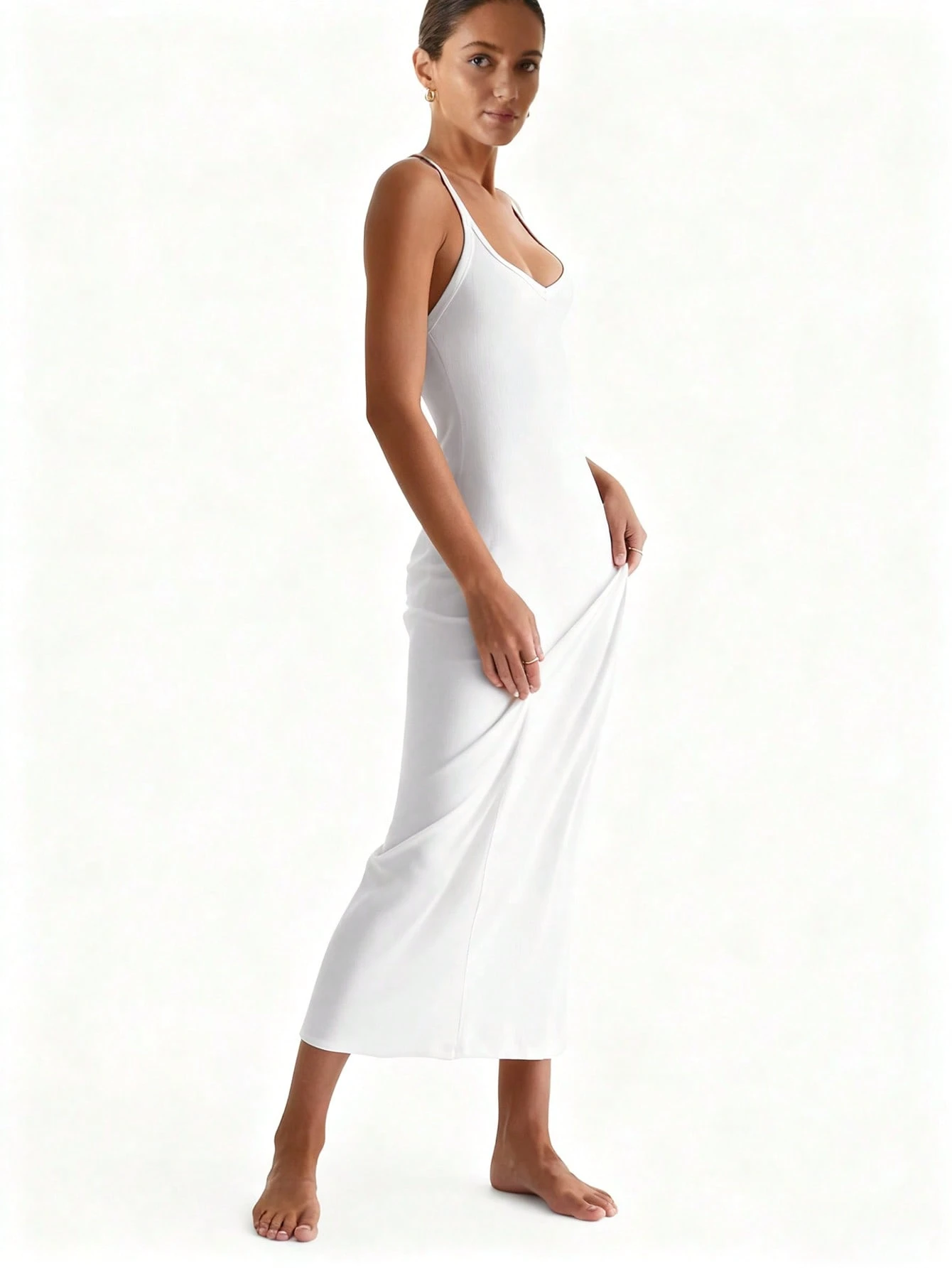 White V-Neck Stretch Knit Midi - Crossfit Event ulasan dan harga